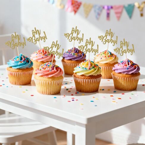 24 Gold Glitter Oh Baby Cake Cupcake Toppers Picks for Wedding Birthday Baby Shower Party Decorations in Kuwait