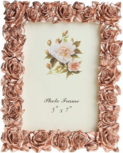 إطار صورة من الراتنج على طراز الحديقة مزين بزهرة الورد مع لوح زجاجي بليكسي عالي الدقة لعرض الصور على سطح الطاولة، لون ذهبي وردي، 5 × 7 بوصة in Kuwait