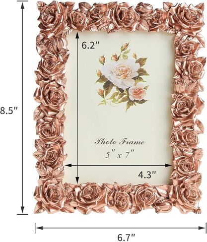 إطار صورة من الراتنج على طراز الحديقة مزين بزهرة الورد مع لوح زجاجي بليكسي عالي الدقة لعرض الصور على سطح الطاولة، لون ذهبي وردي، 5 × 7 بوصة in Kuwait