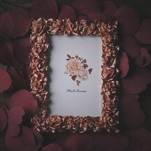 إطار صورة من الراتنج على طراز الحديقة مزين بزهرة الورد مع لوح زجاجي بليكسي عالي الدقة لعرض الصور على سطح الطاولة، لون ذهبي وردي، 5 × 7 بوصة in Kuwait
