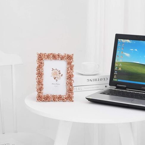 إطار صورة من الراتنج على طراز الحديقة مزين بزهرة الورد مع لوح زجاجي بليكسي عالي الدقة لعرض الصور على سطح الطاولة، لون ذهبي وردي، 5 × 7 بوصة in Kuwait