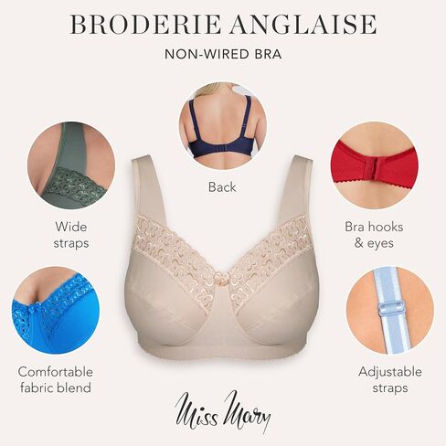 ملكة جمال ماري السويدية - Broderie Anglaise، حمالات صدر غير سلكية للنساء، حمالات صدر يومية، قطن مريح، تغطية كاملة داعمة 38D أزرق ترابي in Kuwait