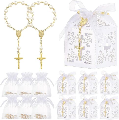50 Packs Baptism Favors Set Acrylic Rosary Beads Faux Pearls with Organza Bags and Cross Baptism Favor Boxes Recuerdo De Boda Y Bautizo for Christening Weddings Party Favors(Gold Pearl Bracelet) in Kuwait