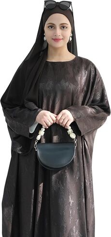 Elegant Eid Clothes Women Muslim Glossy Batwing Sleeve Abaya Ramadan Prayer Dress with Belt in Saudi Arabia