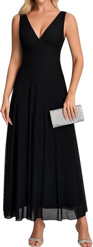 EYNMIN Summer Wedding Guest Dress V Neck Flowy A Line Mesh Elegant Maxi Long Formal Cocktail Dresses for Women 2026 Spring in Kuwait