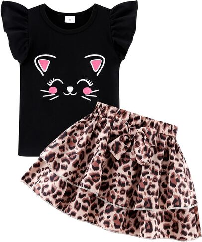 Girls Skirt Set 2 Piece Outfit Toddler Summer Clothes Ruffle Sleeve T-Shirt Bow Knot Tutu Skirt Outfit Set in Saudi Arabia