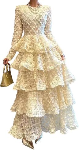 Women O Neck Long Sleeves Flower Spliced Elegant Dress High Waist Ruffles Folds in Saudi Arabia