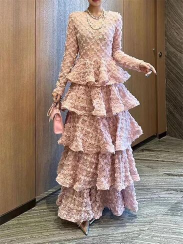 Women O Neck Long Sleeves Flower Spliced Elegant Dress High Waist Ruffles Folds in Saudi Arabia