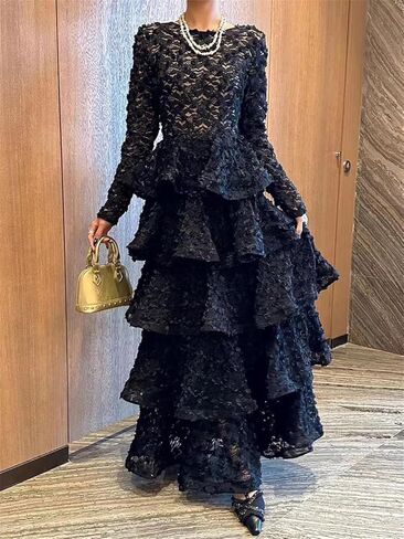 Women O Neck Long Sleeves Flower Spliced Elegant Dress High Waist Ruffles Folds in Saudi Arabia
