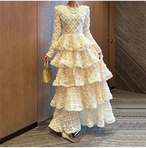Women O Neck Long Sleeves Flower Spliced Elegant Dress High Waist Ruffles Folds in Saudi Arabia