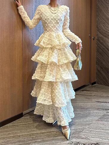 Women O Neck Long Sleeves Flower Spliced Elegant Dress High Waist Ruffles Folds in Saudi Arabia