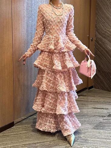 Women O Neck Long Sleeves Flower Spliced Elegant Dress High Waist Ruffles Folds in Saudi Arabia