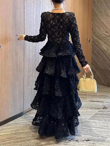 Women O Neck Long Sleeves Flower Spliced Elegant Dress High Waist Ruffles Folds in Saudi Arabia