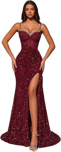 Sequin Dress for Women Formal Spaghetti Straps Rhinestone V Neck High Waist Evening Gowns Floor Length Prom Dresses in Kuwait
