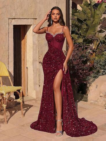 Sequin Dress for Women Formal Spaghetti Straps Rhinestone V Neck High Waist Evening Gowns Floor Length Prom Dresses in Saudi Arabia