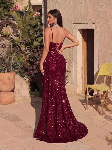 Sequin Dress for Women Formal Spaghetti Straps Rhinestone V Neck High Waist Evening Gowns Floor Length Prom Dresses in Saudi Arabia