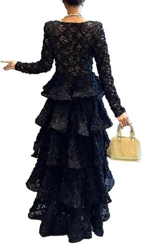 Women O Neck Long Sleeves Flower Spliced Elegant Dress High Waist Ruffles Folds in Saudi Arabia