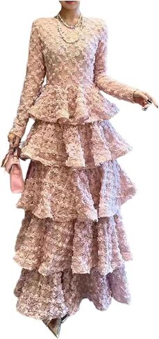 Women O Neck Long Sleeves Flower Spliced Elegant Dress High Waist Ruffles Folds in Saudi Arabia