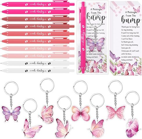 Highergo 100 Pcs Baby Shower Party Favors Bulk 50 Animal Keychains 50 Ballpoint Pens with Thank You Cards Gender Reveal Gift for Guest Baby Shower Souvenir Prize(Butterfly) in Saudi Arabia