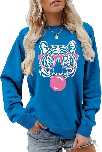 متعة النمر تحت عنوان بلوزات للنساء نظارات لطيف فقاعة TigerPrint عادية Crewneck كم طويل الأعلى TigerLover هدية in Kuwait