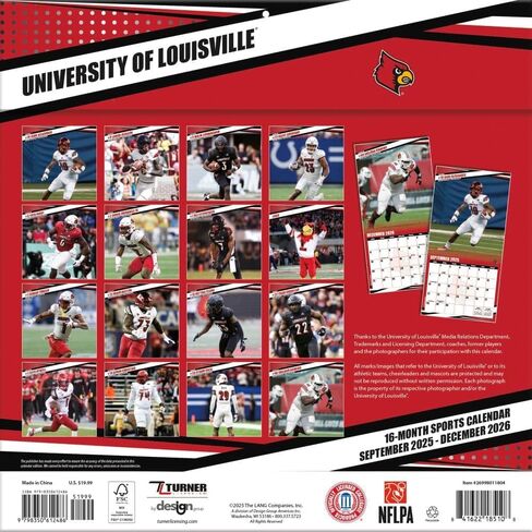 تقويم حائط NCAA Louisville Cardinals 2026، 12 بوصة × 12 بوصة، تقويم لمدة 16 شهرًا مع غلاف مثبت in Kuwait