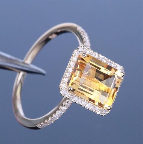 14K Gold Champagne Square Diamond Ring for Women, Yellow Gemstone Accent Everyday Elegant Jewelry Gift in Saudi Arabia