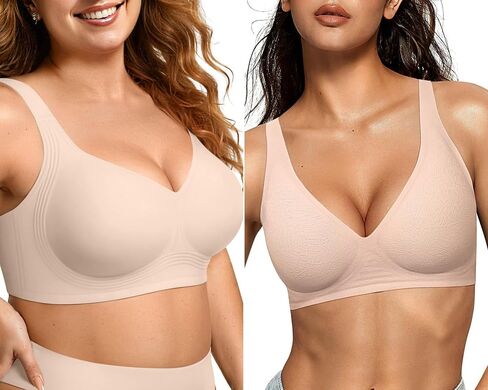 OEAK Womens Wireless Jelly Bra Plus Size Nude M+Seamless Deep V Bras Jacquard Nude M in Saudi Arabia
