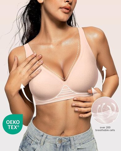OEAK Womens Wireless Jelly Bra Plus Size Nude M+Seamless Deep V Bras Jacquard Nude M in Saudi Arabia