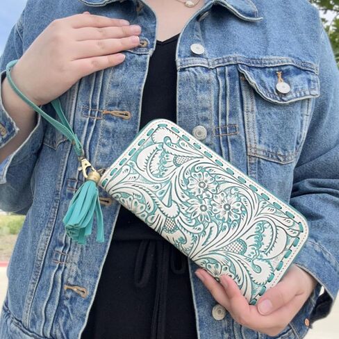 Myra Bag Western Leather Wristlet - Hand-Tooled Floral Wallet for Women with Tassel in Saudi Arabia