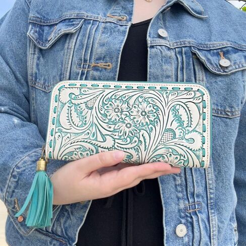 Myra Bag Western Leather Wristlet - Hand-Tooled Floral Wallet for Women with Tassel in Saudi Arabia