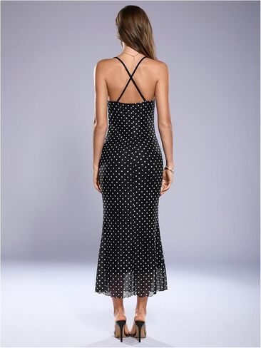 SOLY HUX Women's Polka Dots Halter Bodycon Maxi Dress Cowl Neck Fishtail Cocktail Evening Dresses in Saudi Arabia