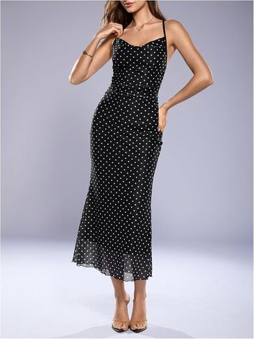 SOLY HUX Women's Polka Dots Halter Bodycon Maxi Dress Cowl Neck Fishtail Cocktail Evening Dresses in Saudi Arabia