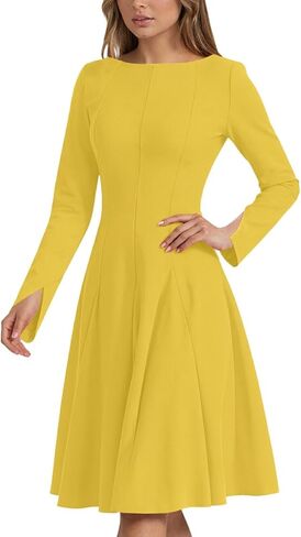 Women Long Sleeve Elegant Midi Wear Boat Neck Split Sleeves A-Line Fit and Swing Wedding Guest Cocktail Party Dress in Saudi Arabia