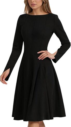 Women Long Sleeve Elegant Midi Wear Boat Neck Split Sleeves A-Line Fit and Swing Wedding Guest Cocktail Party Dress in Kuwait