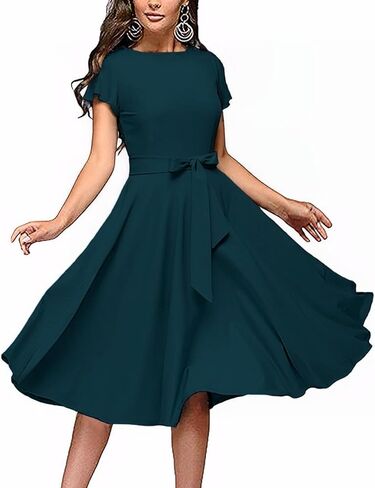 FENJAR Women's Cocktail Dress Short Ruffle Sleeve Vintage Wedding Guest Work Semi Formal A Line Midi Dresses with Belt in Kuwait