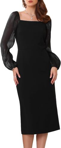 Women's Formal Dress Square Neck Mesh Long Sleeve Evening Cocktail Pencil Dresses in Kuwait