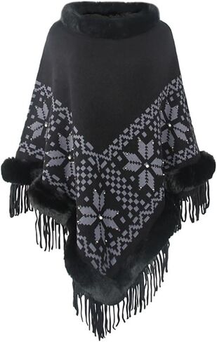 Women Tassel Poncho Cape Round Neck Pullover Sweater Shawl Wrap with Faux Fur Collar Knitted Floral Scarf in Kuwait