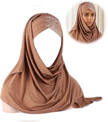 غطاء رأس إسلامي حجاب مزين بالترتر، وشاح بلون سادة خفيف الوزن وطويل وقابل للتعديل غطاء رأس مرن قابل للتمدد للنساء (لون القهوة) in Kuwait