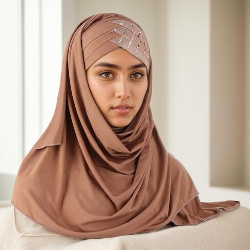 غطاء رأس إسلامي حجاب مزين بالترتر، وشاح بلون سادة خفيف الوزن وطويل وقابل للتعديل غطاء رأس مرن قابل للتمدد للنساء (لون القهوة) in Kuwait