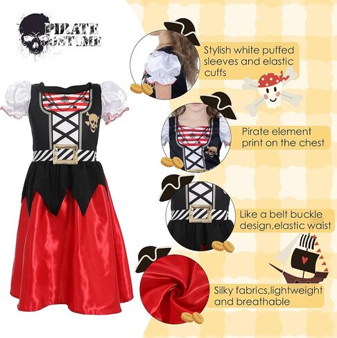 Leadtex Girls Pirate Costume Girls Pirate Dress Buccaneer Costume Kids Birthday Cosplay Party Outfits with Accessories in Kuwait