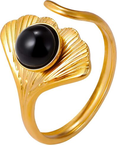 Black Obsidian Ring for Women, 18K Gold Plated Ginkgo Leaf Statement Ring, Natural Gemstone Vintage Retro Fashion Jewelry in Kuwait