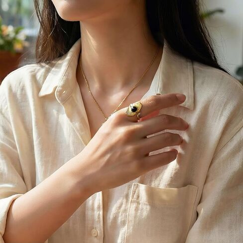 Black Obsidian Ring for Women, 18K Gold Plated Ginkgo Leaf Statement Ring, Natural Gemstone Vintage Retro Fashion Jewelry in Kuwait