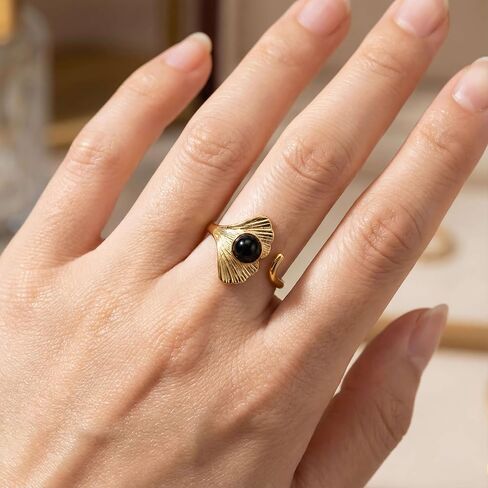 Black Obsidian Ring for Women, 18K Gold Plated Ginkgo Leaf Statement Ring, Natural Gemstone Vintage Retro Fashion Jewelry in Kuwait
