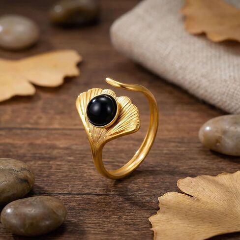 Black Obsidian Ring for Women, 18K Gold Plated Ginkgo Leaf Statement Ring, Natural Gemstone Vintage Retro Fashion Jewelry in Kuwait