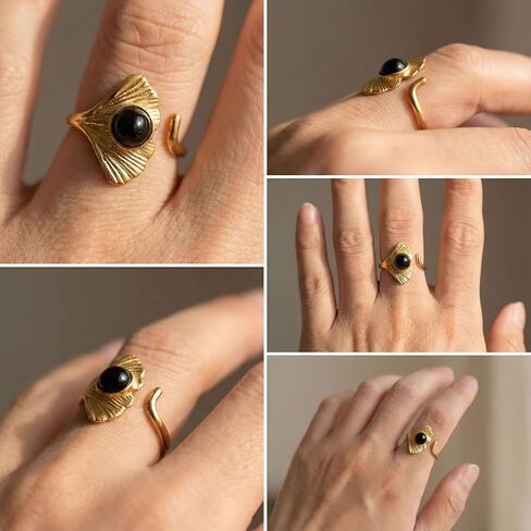 Black Obsidian Ring for Women, 18K Gold Plated Ginkgo Leaf Statement Ring, Natural Gemstone Vintage Retro Fashion Jewelry in Kuwait