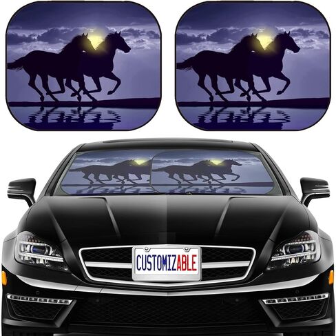 MSD Car Sun Shade Windshield Sunshade Universal Fit 2 Pack، كتلة وهج الشمس، الأشعة فوق البنفسجية والحرارة، حماية الجزء الداخلي للسيارة، معرف الصورة: 20362905 حصان يركض عند غروب الشمس مع انعكاس الماء in Kuwait