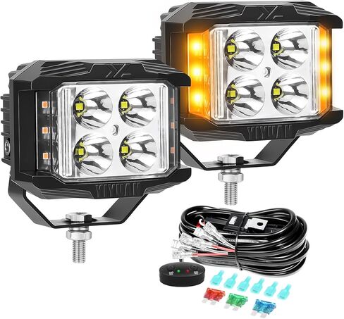 AUXTINGS 2 قطعة 4 بوصة LED الجانب مطلق النار القرون الخفيفة، 60W مربع الأبيض العنبر ستروب أضواء مكعب، 12V 24V للماء الطرق الوعرة القيادة أضواء الضباب لشاحنة جيب ATV UTV SUV جرار 4x4 عربة مقطورة in Kuwait