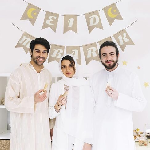 2 Pack Jute Burlap Eid Mubarak Banner with Moon and Star Ramadan for Muslim Party Home Mantel Fireplace Decoration Supplies in Saudi Arabia