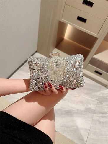 Evening Wedding Formal Purses,square golden Clasp Handbag,Women's Evening Bags Sparkly Rhinestone Clutch Purses Luxury Handbags,Crystal Diamond Bag（silver） in Saudi Arabia
