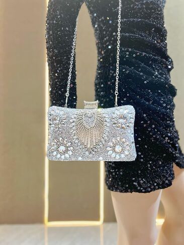 Evening Wedding Formal Purses,square golden Clasp Handbag,Women's Evening Bags Sparkly Rhinestone Clutch Purses Luxury Handbags,Crystal Diamond Bag（silver） in Saudi Arabia